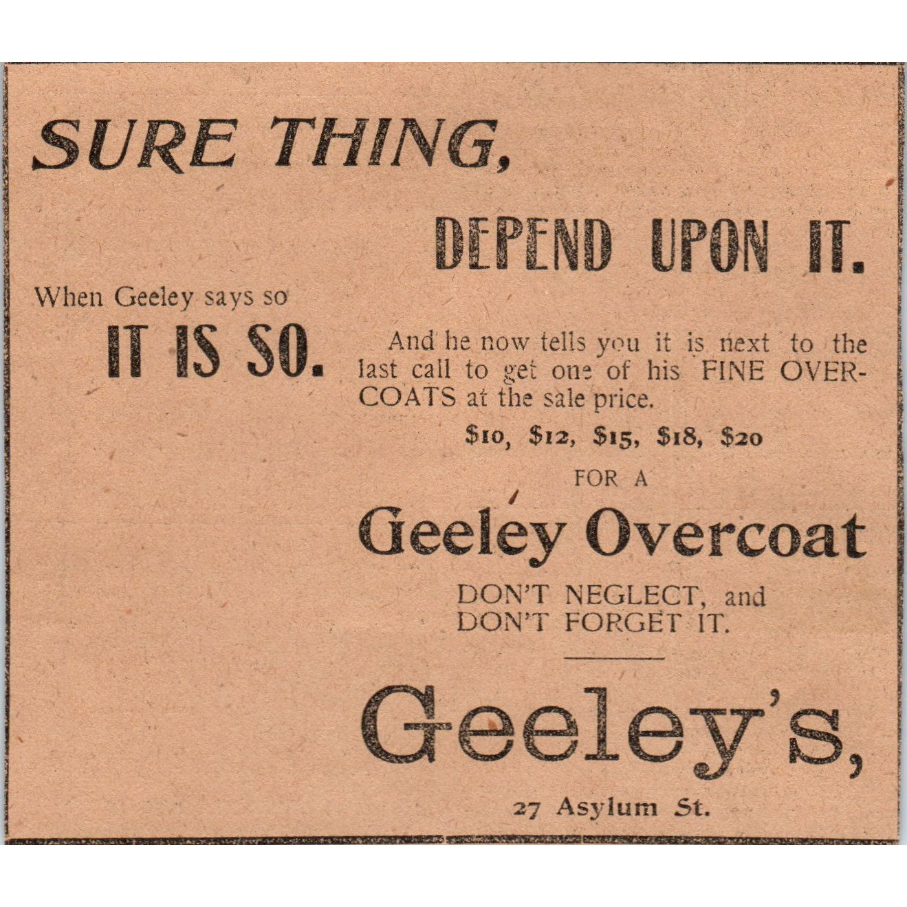 Geeley's Fine Overcoats Asylum St. Hartford 1901 Newspaper Ad AD8-H2