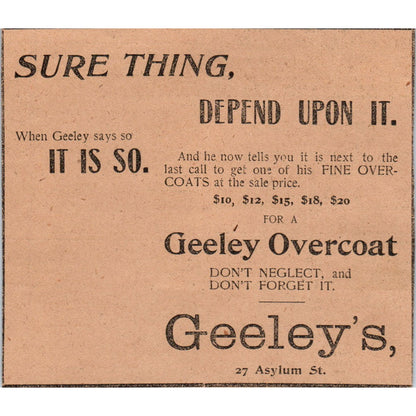 Geeley's Fine Overcoats Asylum St. Hartford 1901 Newspaper Ad AD8-H2