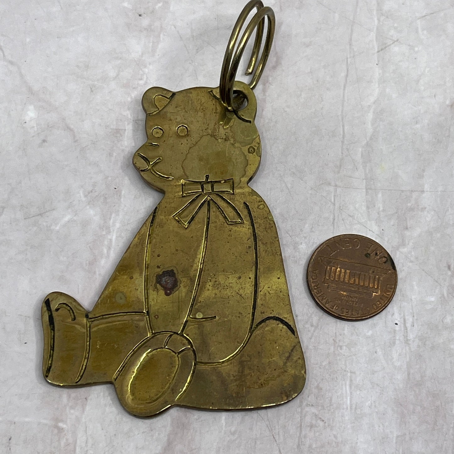 Vintage Gordon Fraser Teddy Bear w/ Bow 3” Solid Brass Keychain Fob 1980s SF4