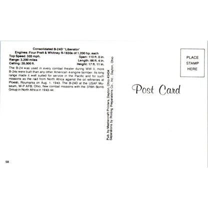 Consolidated B-24D Liberator Vintage Postcard PC2