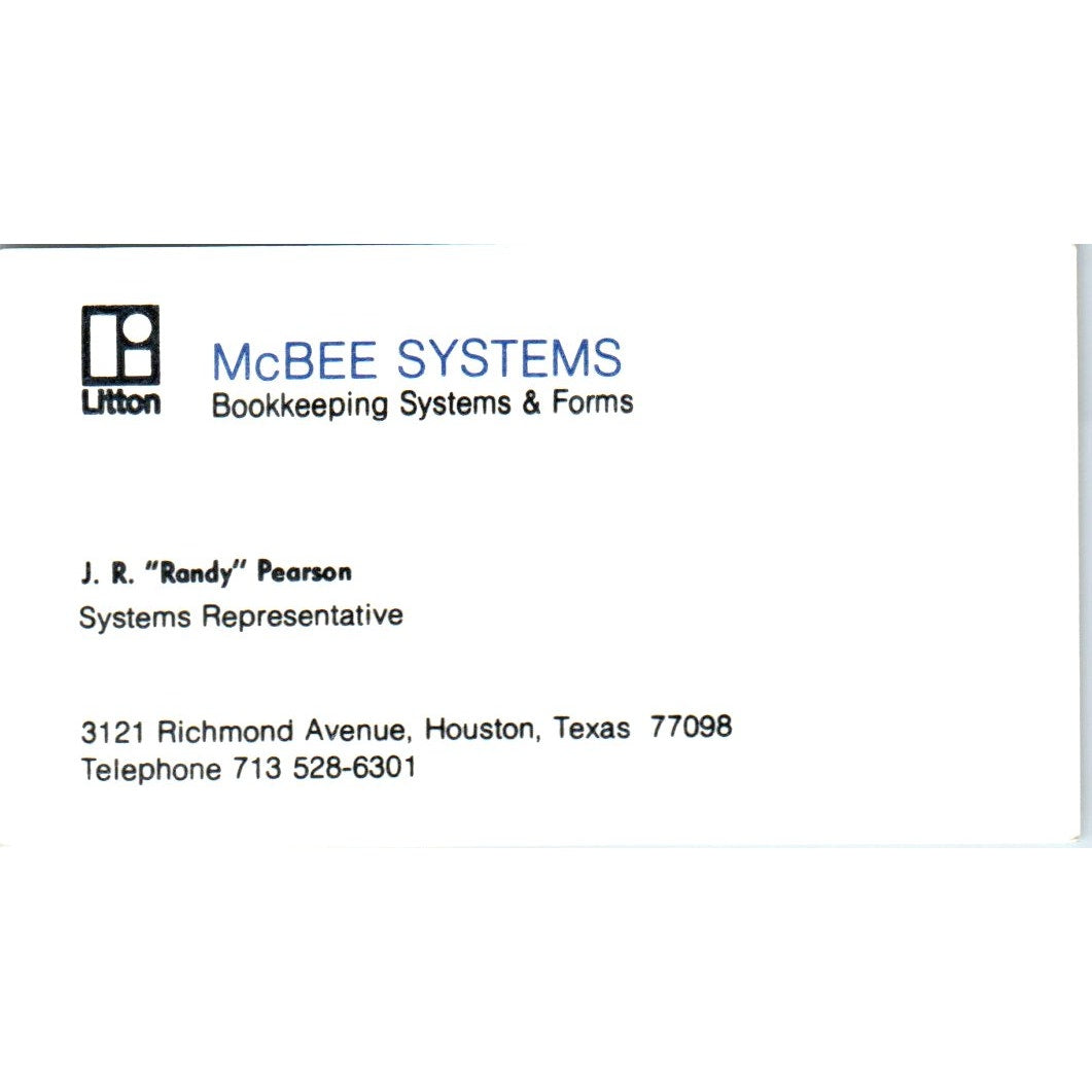 J.R. Randy Pearson McBee Systems Houston TX Vintage Business Card SE3-B4