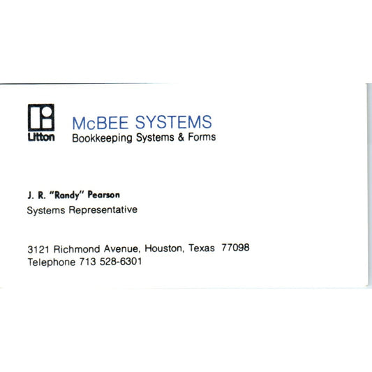 J.R. Randy Pearson McBee Systems Houston TX Vintage Business Card SE3-B4