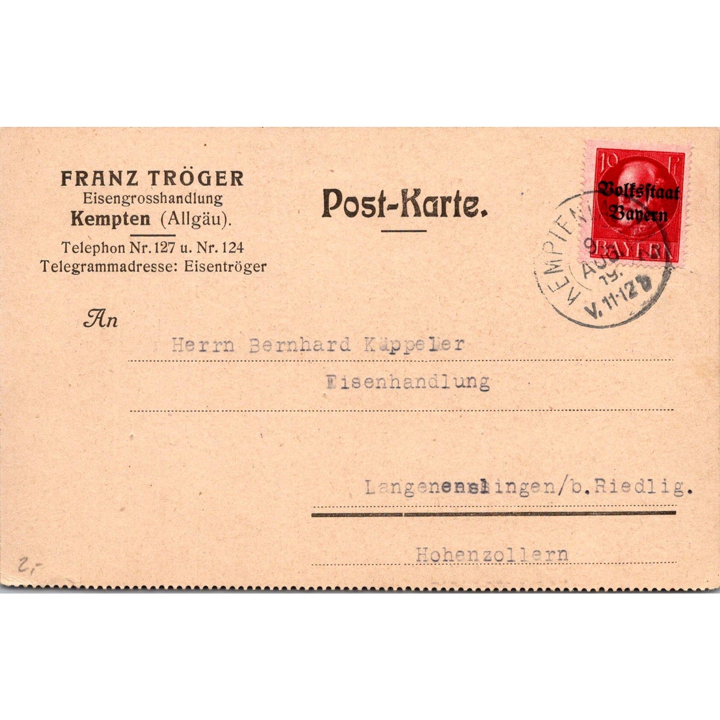 Franz Tröger Eisengroßhandlung Kempten Allgäu 1919 German Reich Postcard TE2-GRP