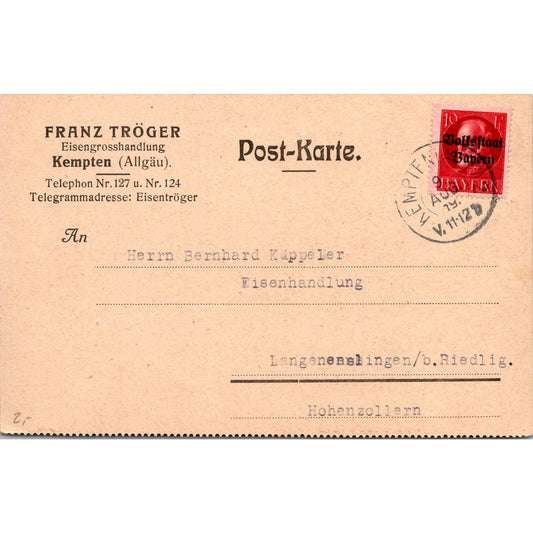 Franz Tröger Eisengroßhandlung Kempten Allgäu 1919 German Reich Postcard TE2-GRP