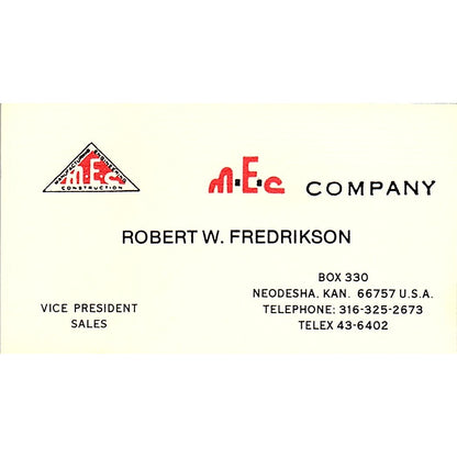M.E.C. Company Robert W Fredrikson Neodesha KS Vintage Business Card SD9-B5