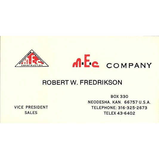 M.E.C. Company Robert W Fredrikson Neodesha KS Vintage Business Card SD9-B5