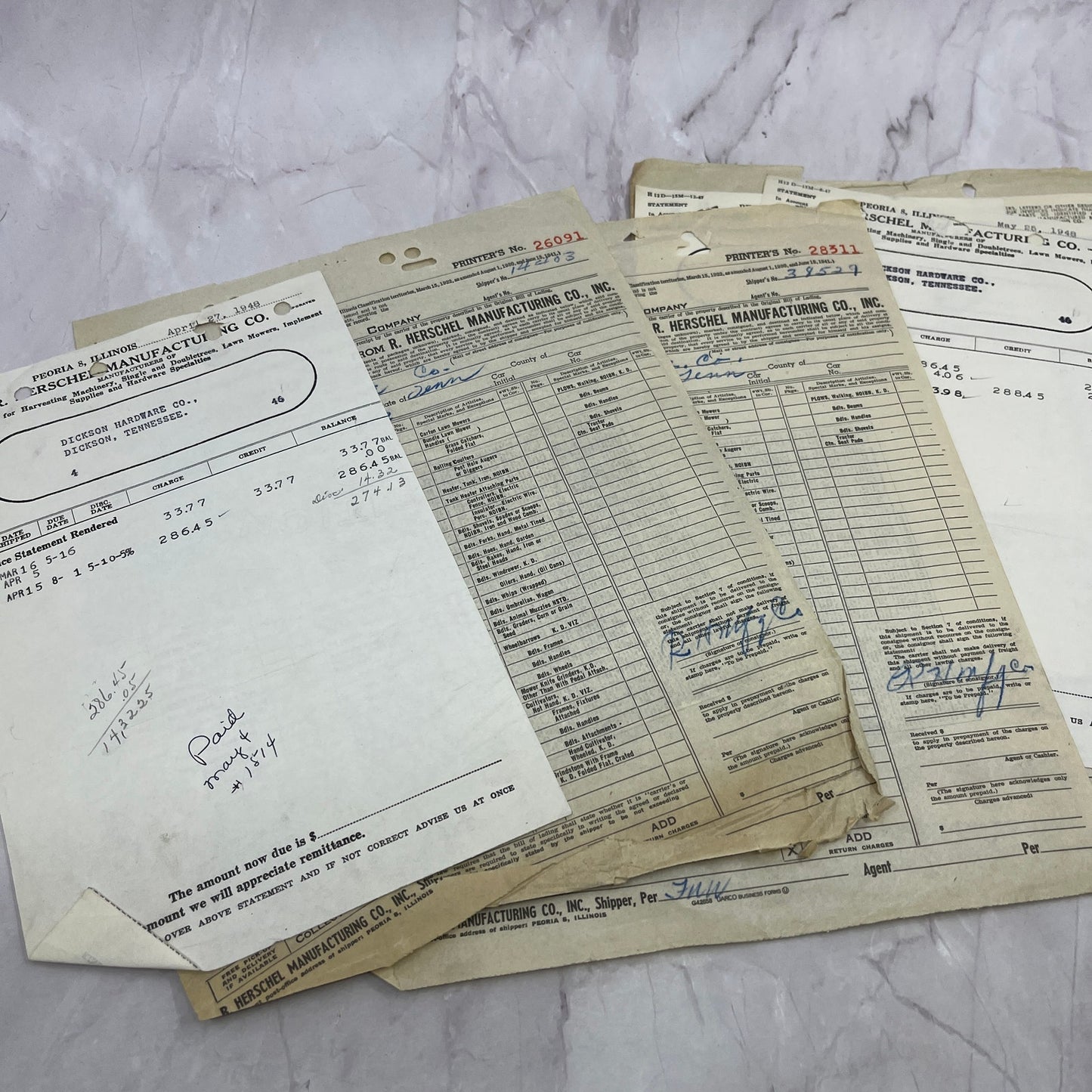 1940s R. Herschel Manufacturing Co Peoria IL Billhead Invoice Lot TC5-RD