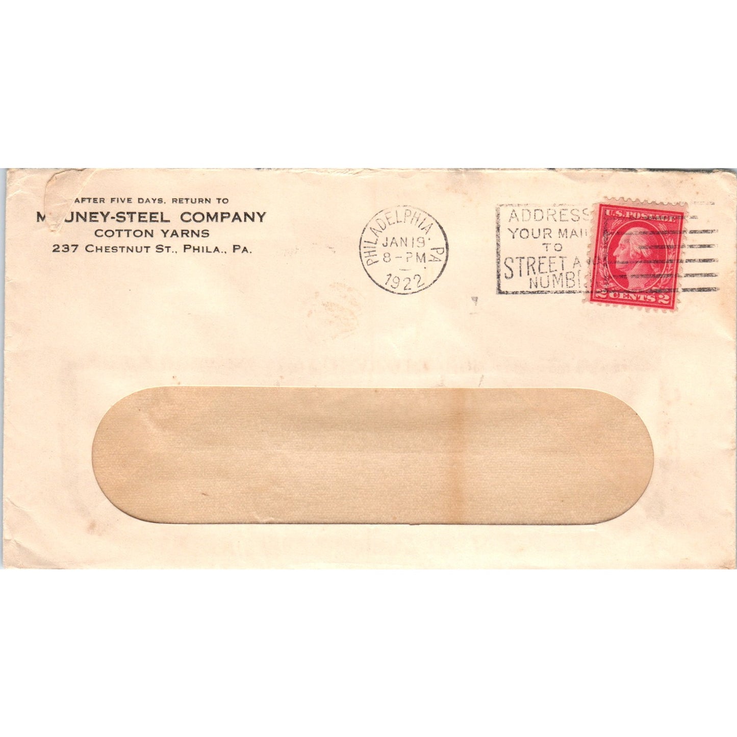 1922 Mauney-Steel Company Cotton Yarn Philadelphia Postal Cover Envelope TG7-PC1