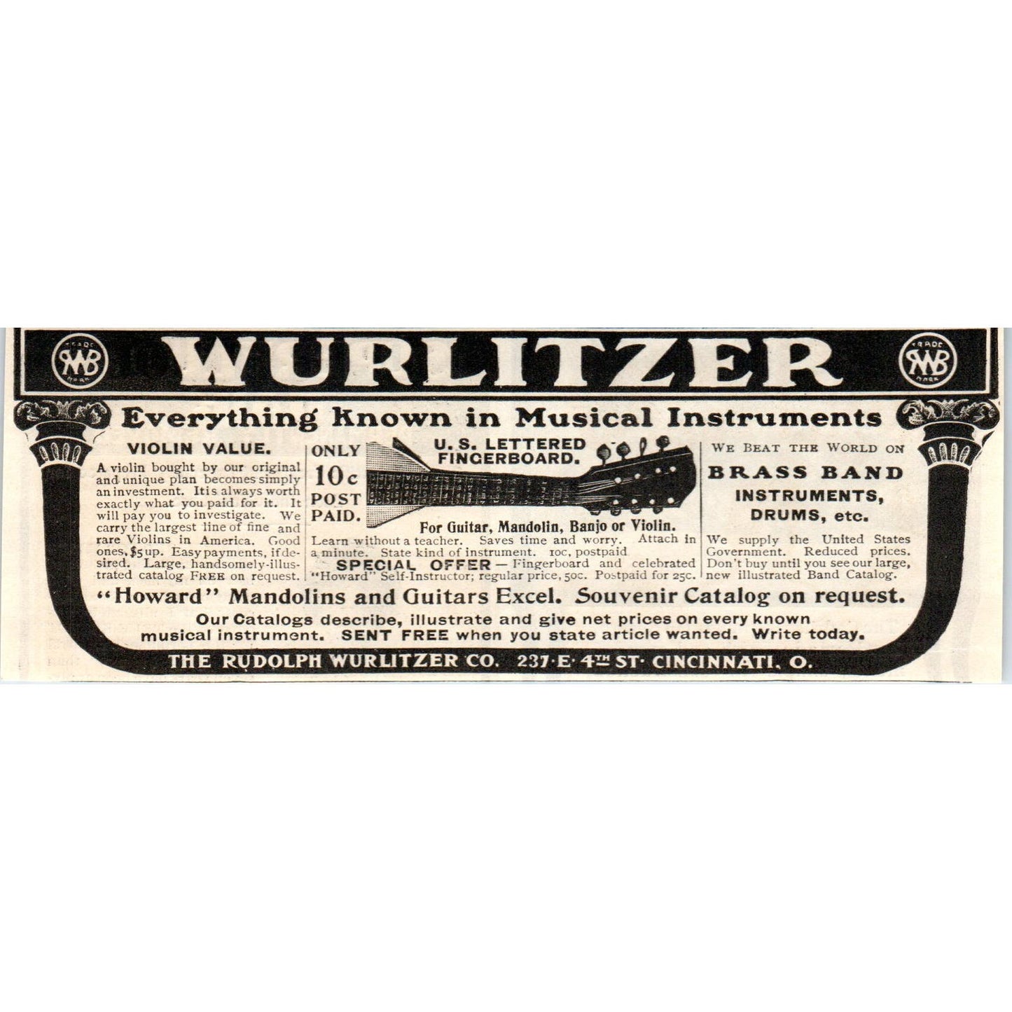 Wurlitzer Mandolins Guitars Cincinnati c1905 Original Advertisement AE7-A1