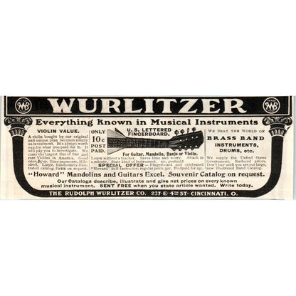 Wurlitzer Mandolins Guitars Cincinnati c1905 Original Advertisement AE7-A1