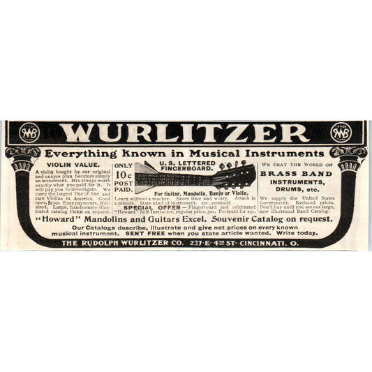 Wurlitzer Mandolins Guitars Cincinnati c1905 Original Advertisement AE7-A1