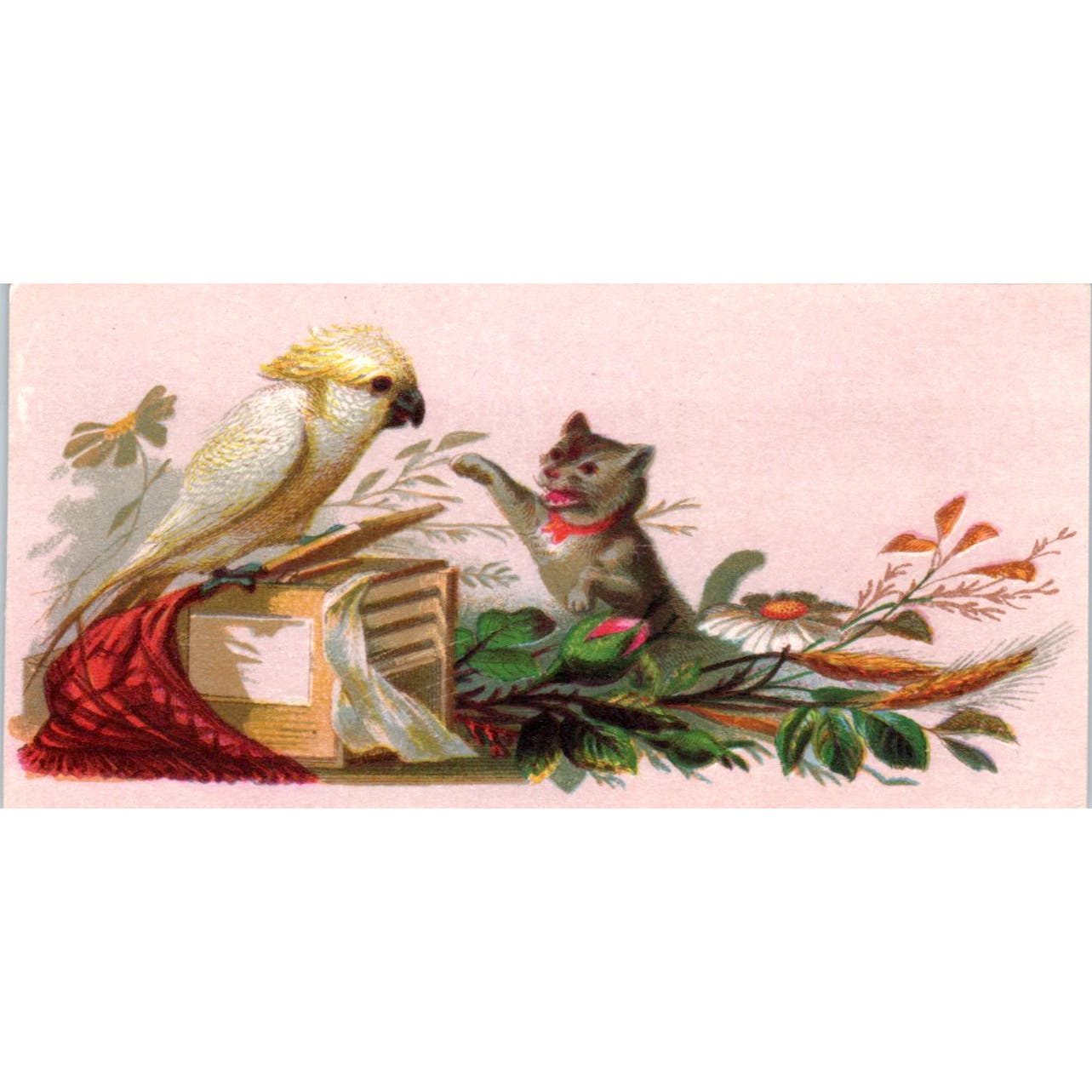 Antique Victorian Bookmark Cat and White Cockatiel AB9