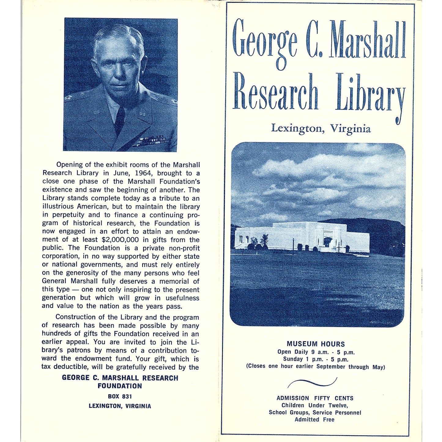 George C. Marshall Research Library Lexington VA 1960s Travel Brochure TH2-TB3