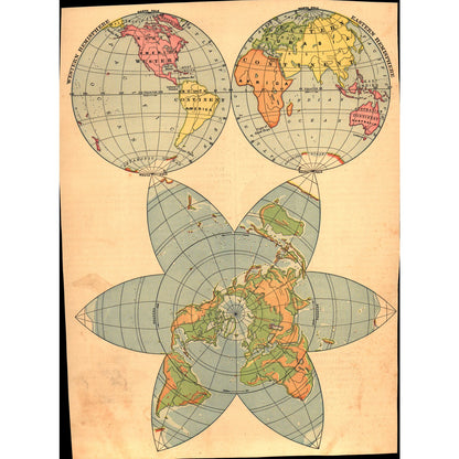 World Map Polar & Hemisphere Top Down View 1901 Map 8x11 V14-1