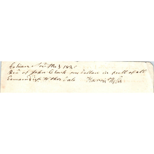 1820 Handwritten Receipt Colrain Massachusetts John Clark Harris Wells AE6-02