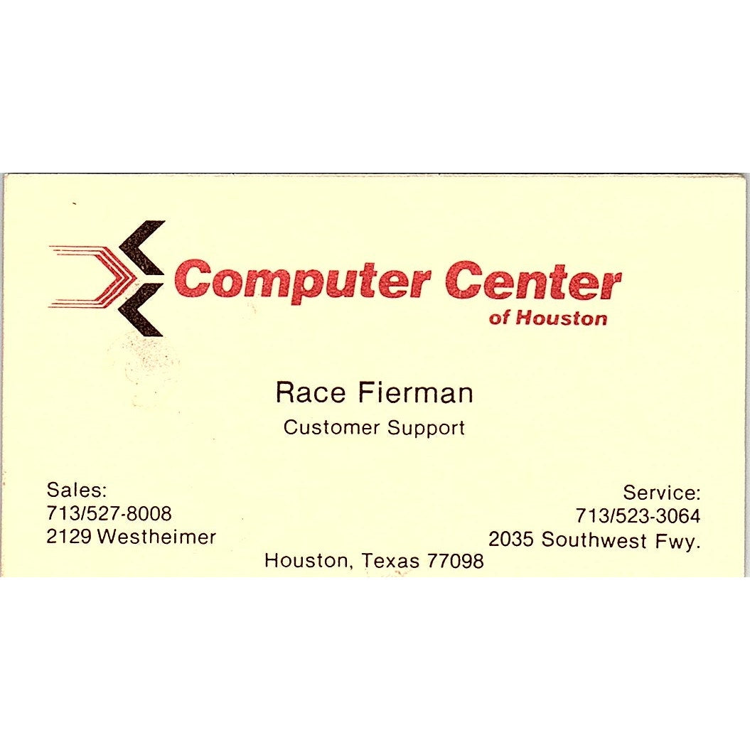 Race Fierman Computer Center of Houston TX Vintage Business Card SD9-B2