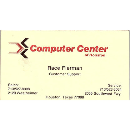 Race Fierman Computer Center of Houston TX Vintage Business Card SD9-B2