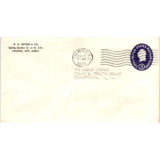 1953 W.G. Seither & Co Palmyra NJ Postal Cover Envelope TG7-PC3