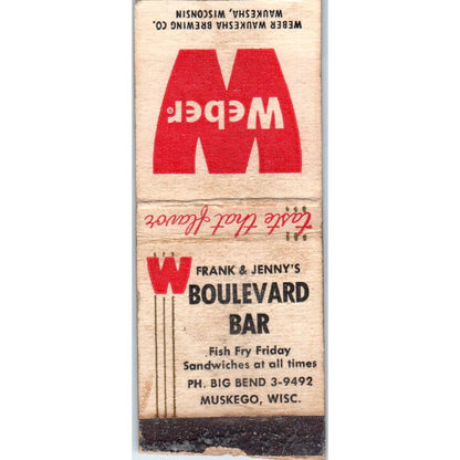 Frank & Jenny's Boulevard Bar Muskego WI Vintage Matchbook Cover SD2-Y2