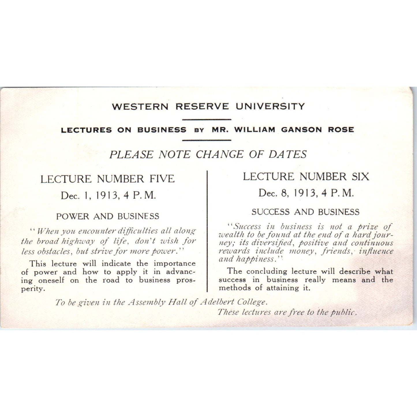 1913 Adelbert College Western Reserve University William Ganson Rose AD8-RS1