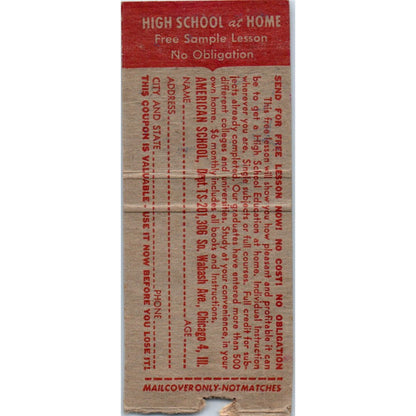 John W. Studebaker American School Diploma by Mail Vtg Matchbook Cover SD4-Y2
