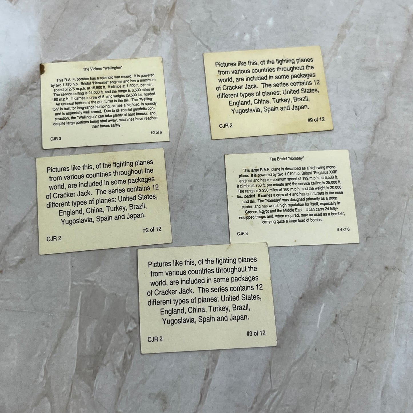Vintage Lot Of 5 Cracker Jack Mini Airplane Cards AE6