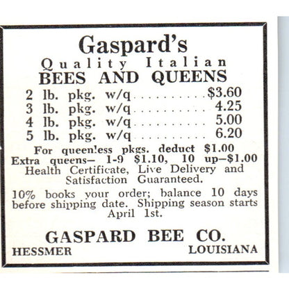 Gaspards Quality Bees and Queens Gaspard Bee Co Hessmer LA 1961 Ad AB6-S12