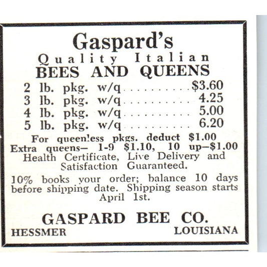 Gaspards Quality Bees and Queens Gaspard Bee Co Hessmer LA 1961 Ad AK6-S12