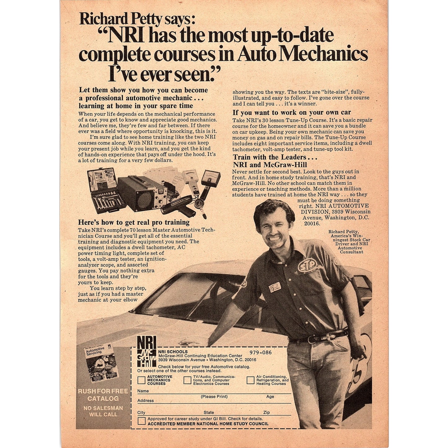 Richard Petty - NRI Auto Mechanics Courses Washington DC 1976 Ad AG1-17