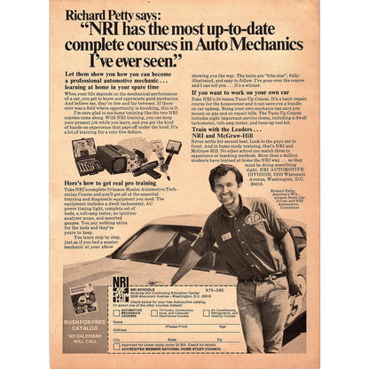 Richard Petty - NRI Auto Mechanics Courses Washington DC 1976 Ad AG1-17