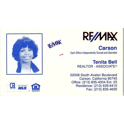 Tenita Bell Carson Remax Realtor Carson CA Vintage Business Card SC9-B1