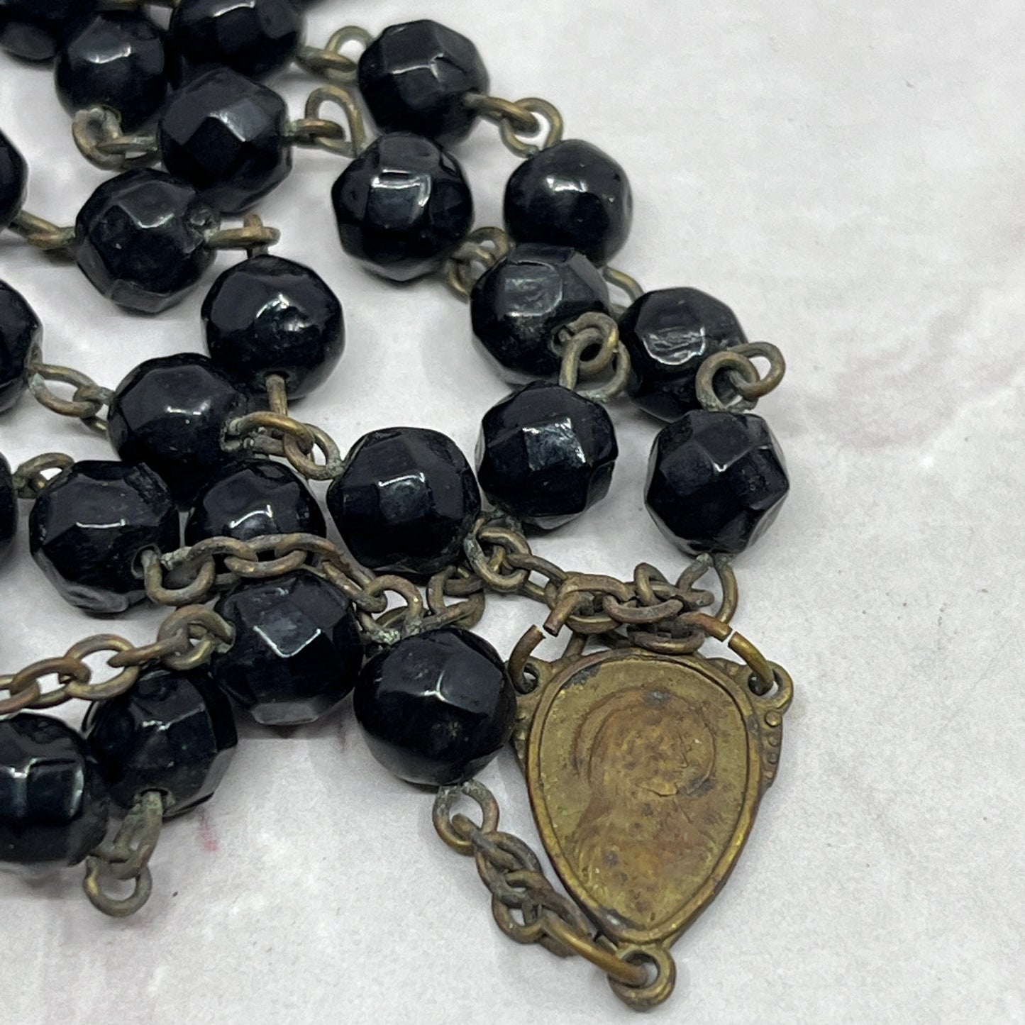 Vintage Black Glass Catholic Rosary Scapular Italy Marian Prayer Beads SE2-1