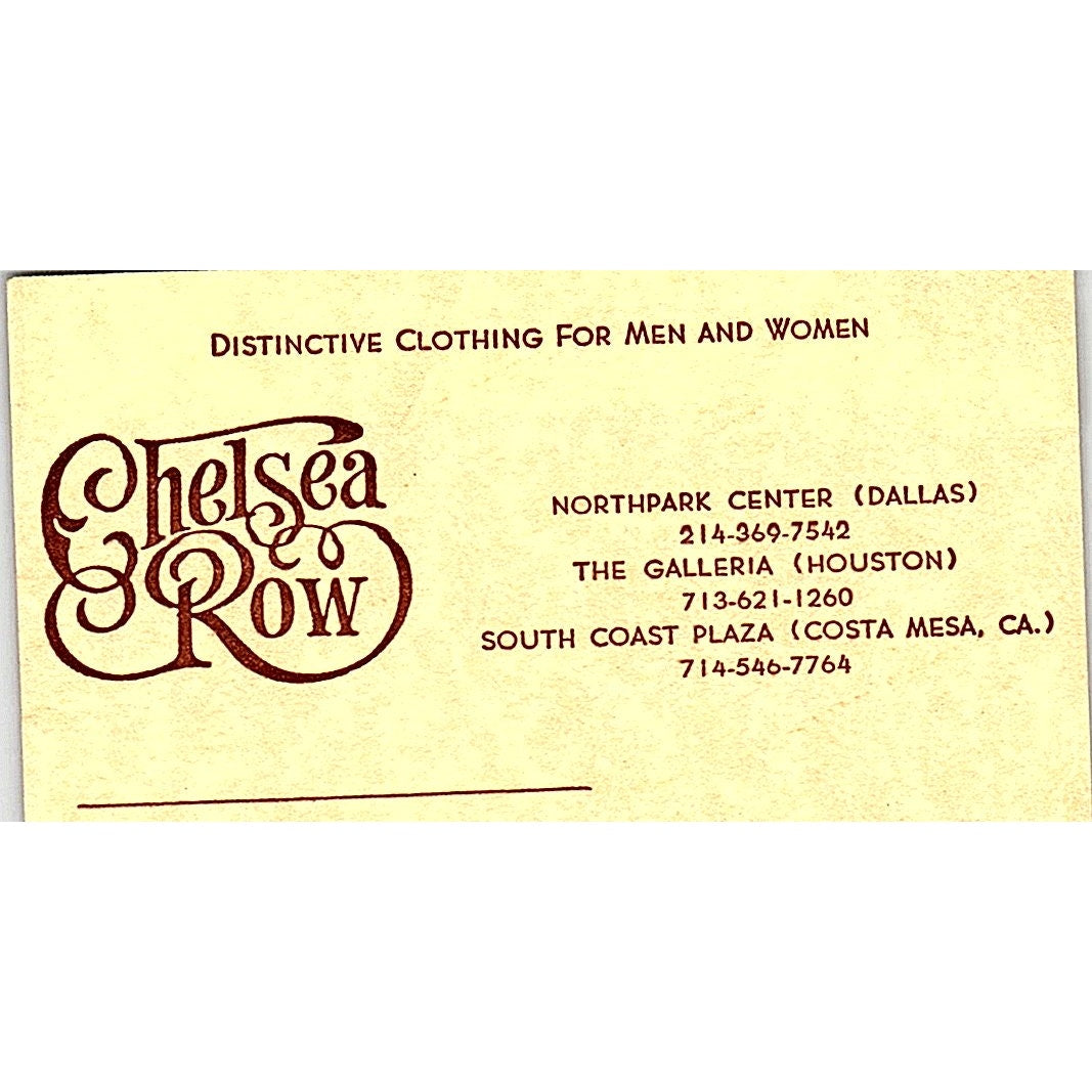 Chelsea Row Clothing Costa Mesa Houston Dallas Vintage Business Card SE5-B5