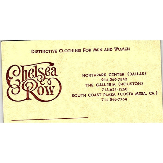 Chelsea Row Clothing Costa Mesa Houston Dallas Vintage Business Card SE5-B5