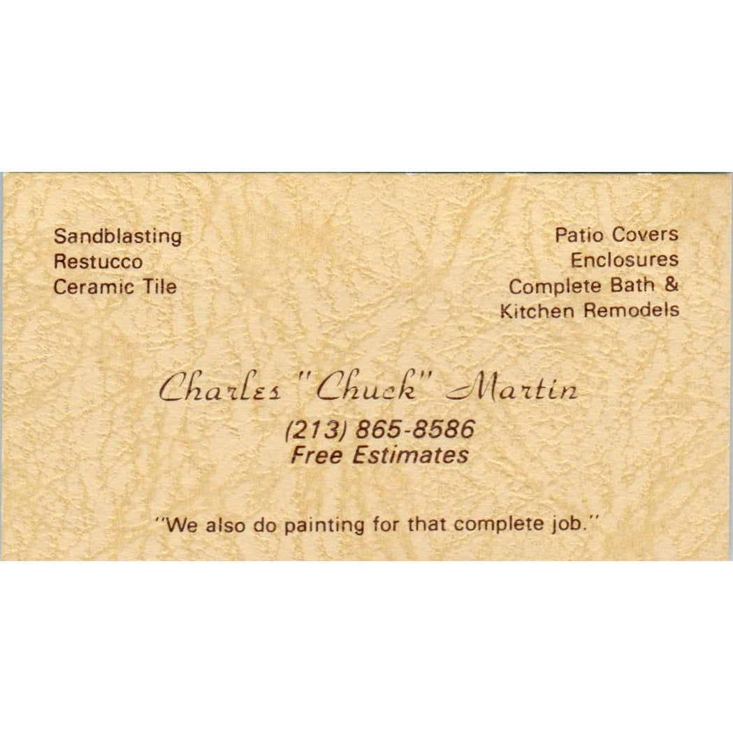 Charles Chuck Martin Sandblasting Stucco Los Angeles CA Vtg Business Card SD8-B4