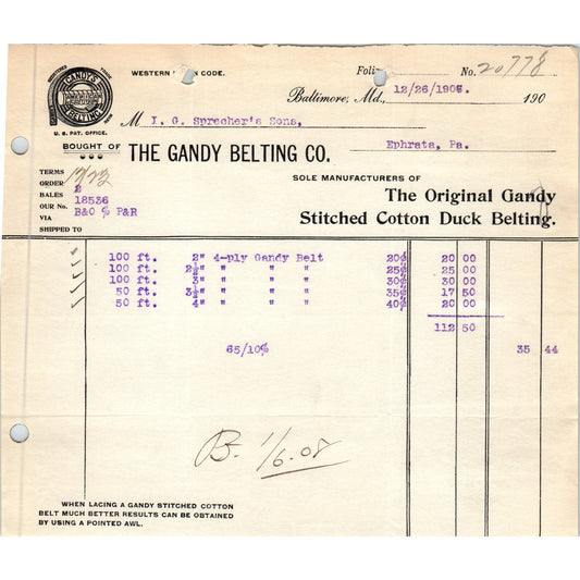 1907 The Gandy Belting Co Baltimore MD Letterhead Billhead Receipt D11