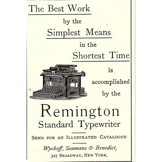 Remington Standard Typewriter Wyckoff, Seamans & Benedict NY 1892 Ad AG2-M11