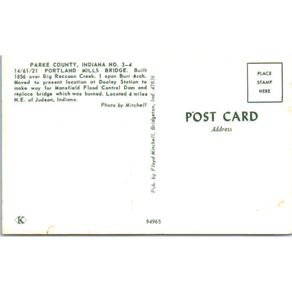 Parke County IN 3-4 Portland Mills Bridge Vintage Covered Bridge Postcard PC14