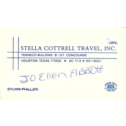 Stella Cottrell Travel Sylvia Phillips Houston TX Vintage Business Card SB4-B7