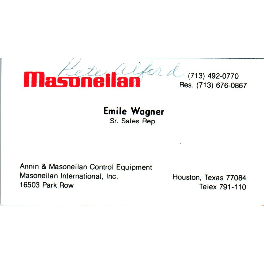 Emile Wagner Annin & Masoneilan Control Houston Vintage Business Card SE3-B10