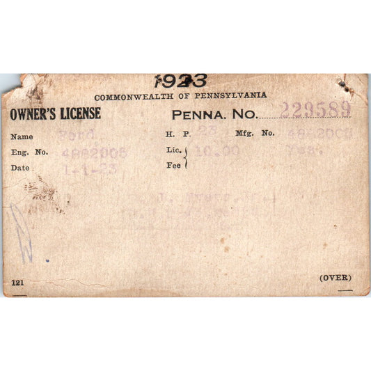 1923 Pennsylvania Ford Owner's License Card AF7-E3
