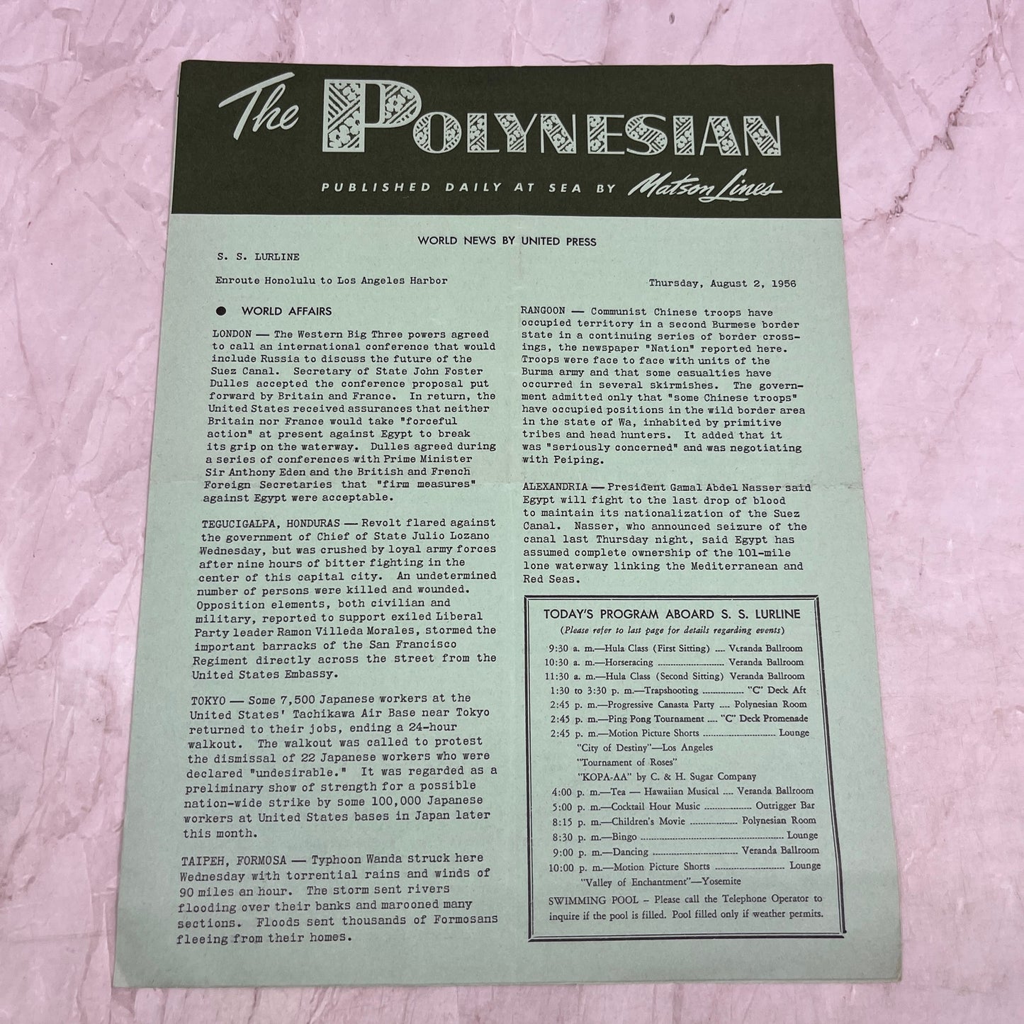 1956 Aug 2 - The Polynesian Hawaii Travel Newsletter Matson Lines TJ5-E1