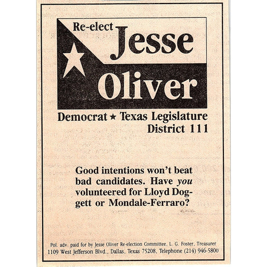 Re-Elect Jesse Oliver Democrat District 111 Texas Legislature 1984 Ad AF6-9