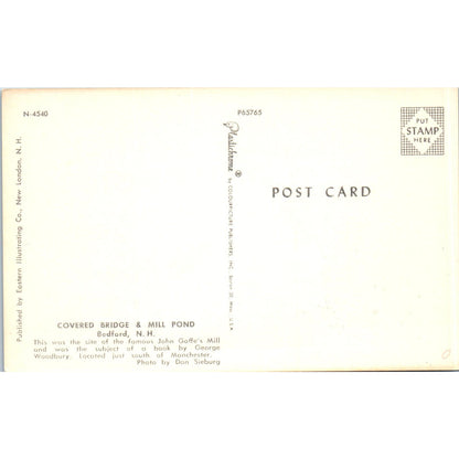 Covered Bridge & Mill Pond Bedford New Hampshire Covered Bridge Postcard PC8