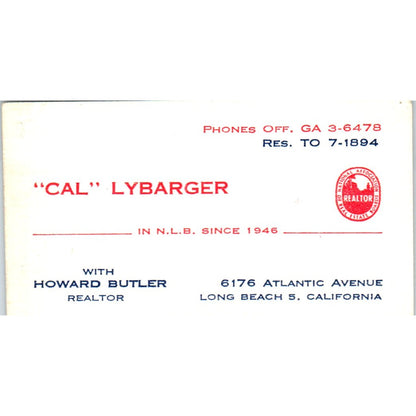 Cal Lybarger Howard Butler Realtor Long Beach CA Vintage Business Card SD8-B1