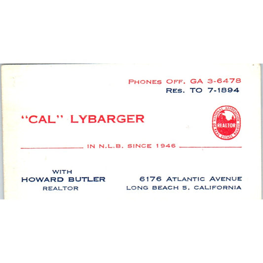 Cal Lybarger Howard Butler Realtor Long Beach CA Vintage Business Card SD8-B1