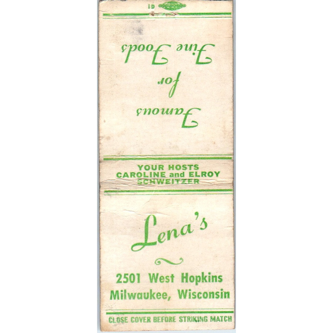 Lena's Restaurant Caroline & Elroy Schweitzer Milwaukee Vintage Matchbook SD2-Y7