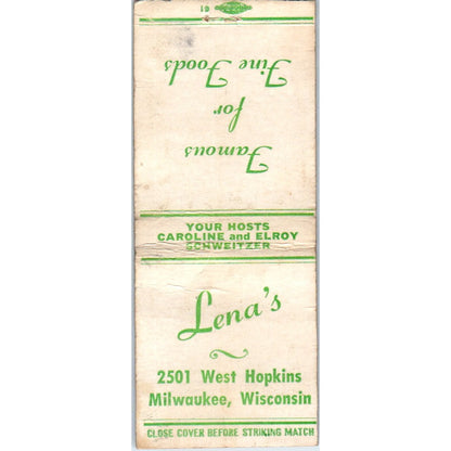 Lena's Restaurant Caroline & Elroy Schweitzer Milwaukee Vintage Matchbook SD2-Y7