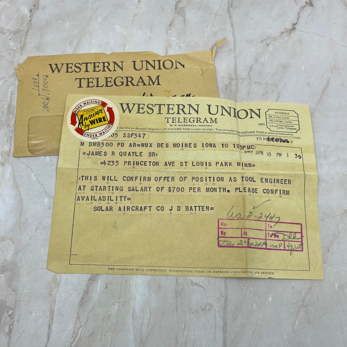 1939 Western Union Telegram Solar Aircraft JD Batten Job Offer Des Moines IA AE3