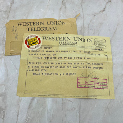 1939 Western Union Telegram Solar Aircraft JD Batten Job Offer Des Moines IA AE3